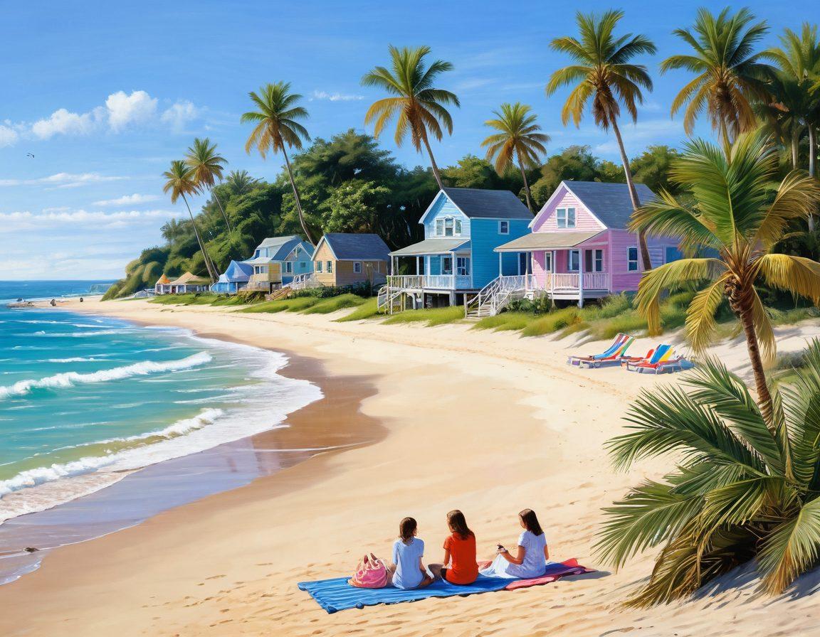 A serene beach scene transitioning from a bustling coastal area to a tranquil retreat, featuring sun-kissed sands, gently swaying palms, and inviting beach huts. In the foreground, a family enjoys a joyful picnic, while in the background, peaceful waves lap at a secluded spot. Bright blue skies and soft pastel colors evoke a sense of bliss and relaxation. super-realistic. vibrant colors. tranquil atmosphere.