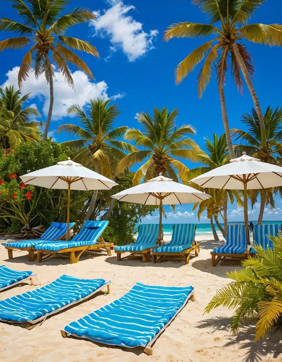 A serene beach scene featuring cozy, idyllic beach cottages nestled among swaying palm trees, golden sands, and crystal-clear ocean waters. Cheerful sunbathers relax on colorful beach towels under bright umbrellas, while a gentle breeze rustles through the leaves. Bright blue skies with fluffy white clouds complete the idyllic summer atmosphere, inviting viewers to escape to blissful relaxation. super-realistic. vibrant colors. bright blue background.