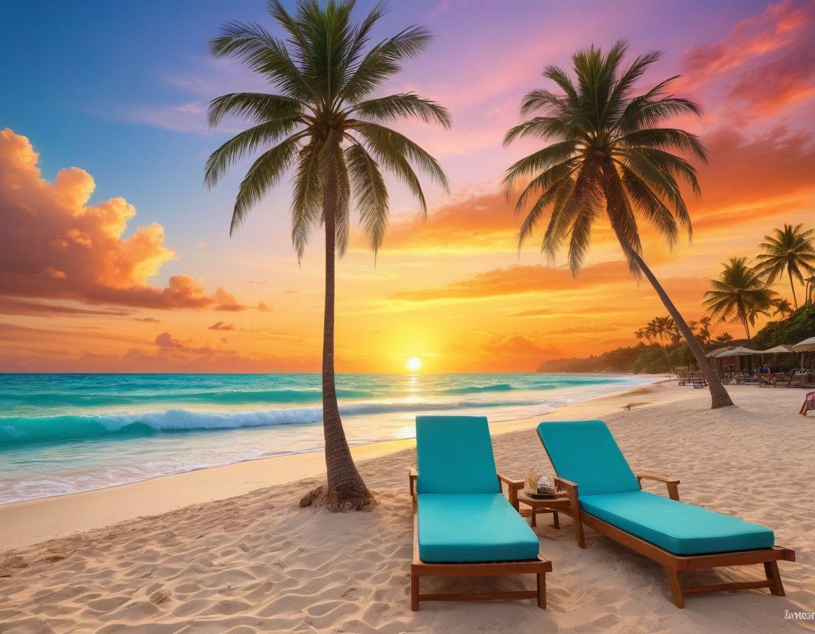 A serene beach scene with soft golden sands, crystal clear turquoise waters, and a vibrant sunset casting warm hues across the sky. Include cozy beach loungers under colorful umbrellas, happy families building sandcastles, and palm trees swaying gently in the breeze. Captivate the essence of relaxation and cheerful memories, inviting viewers to escape into tranquility. super-realistic. vibrant colors.
